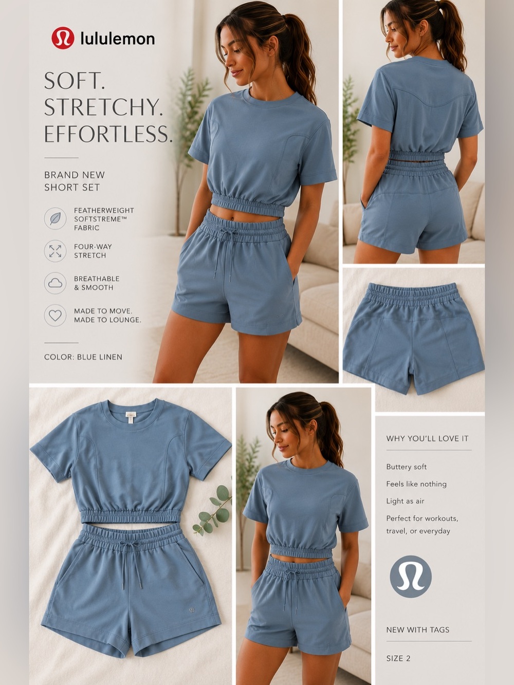 Lululemon Blue Linen Short Set - Cropped Tee & Drawstring Shorts NWT